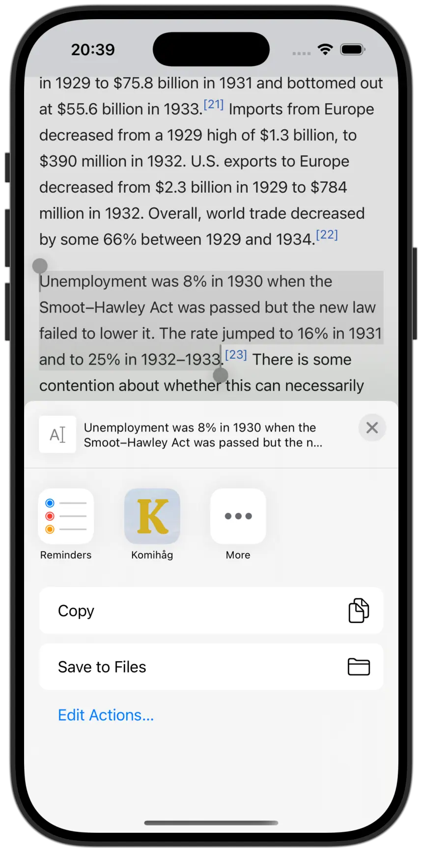 Sharing selected text to the app